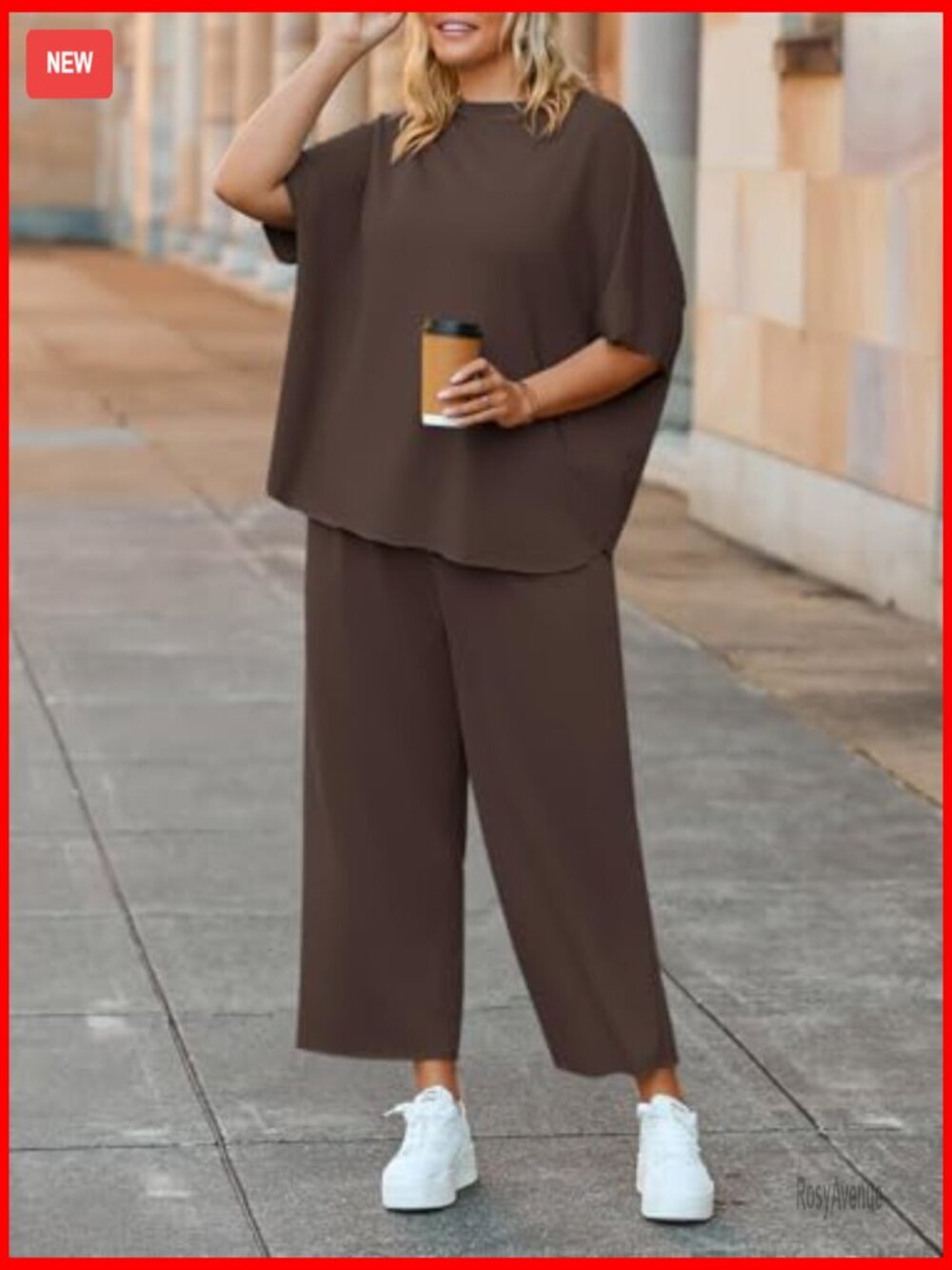 Plus Size 2 Piece Lounge Set 3/4 Sleeve Capelet Wide Leg Pants Pockets - Picture 2 of 7